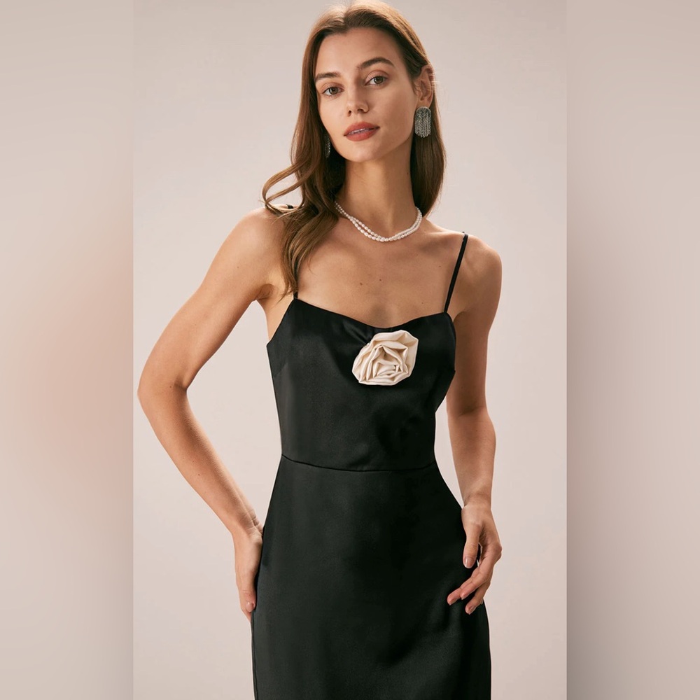 NWT RIHOAS M Black Rosette Satin Formal Maxi Dress Reformation